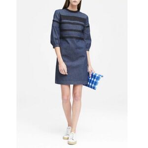 Banana Republic Puff Sleeve Pintuck & Lace Shift Dress in Rinse Preppy Work